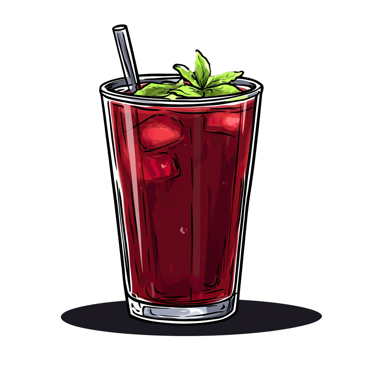 Mulberry iced tea in a glass with mint and a straw.