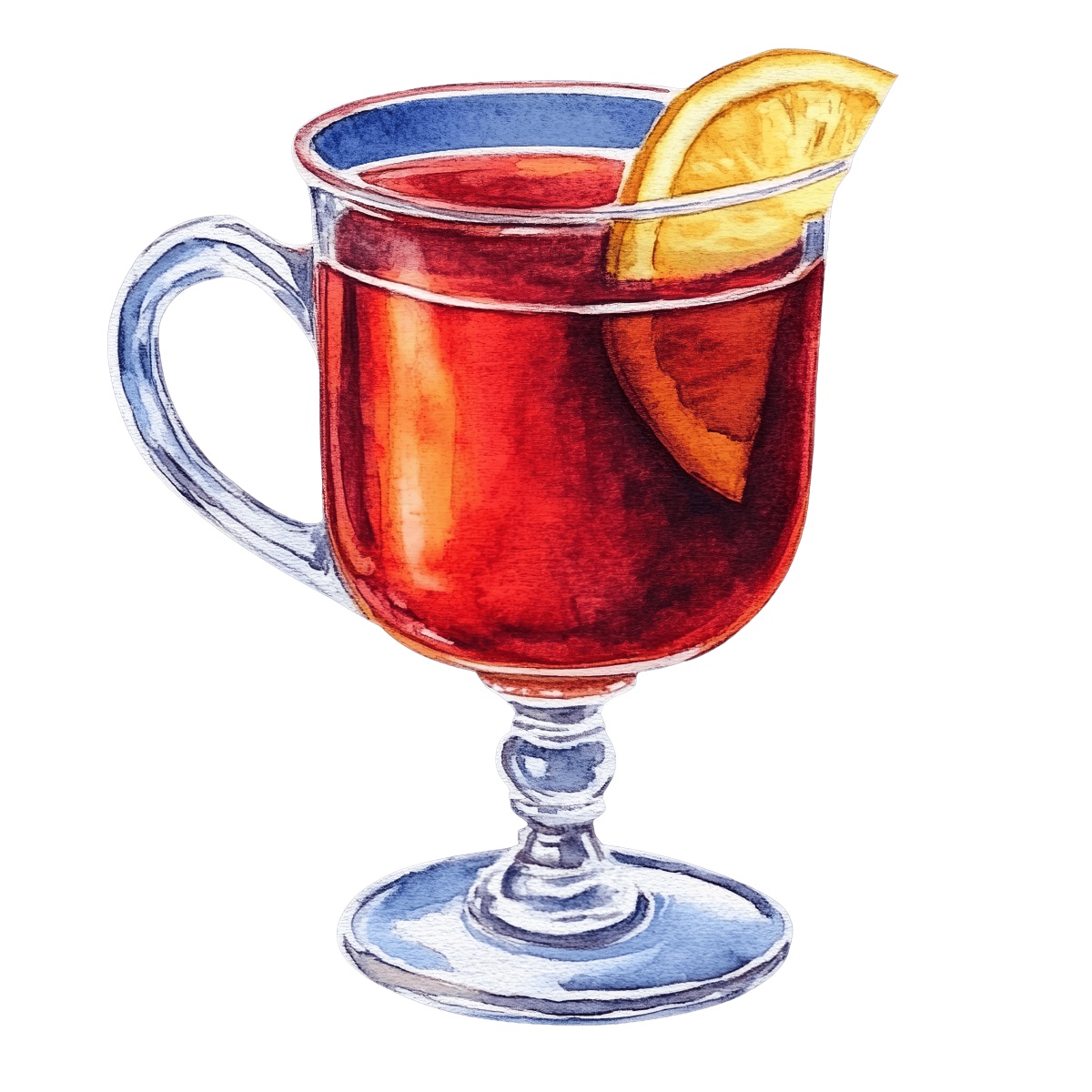 Mulled wine in a glass with an orange slice garnish.