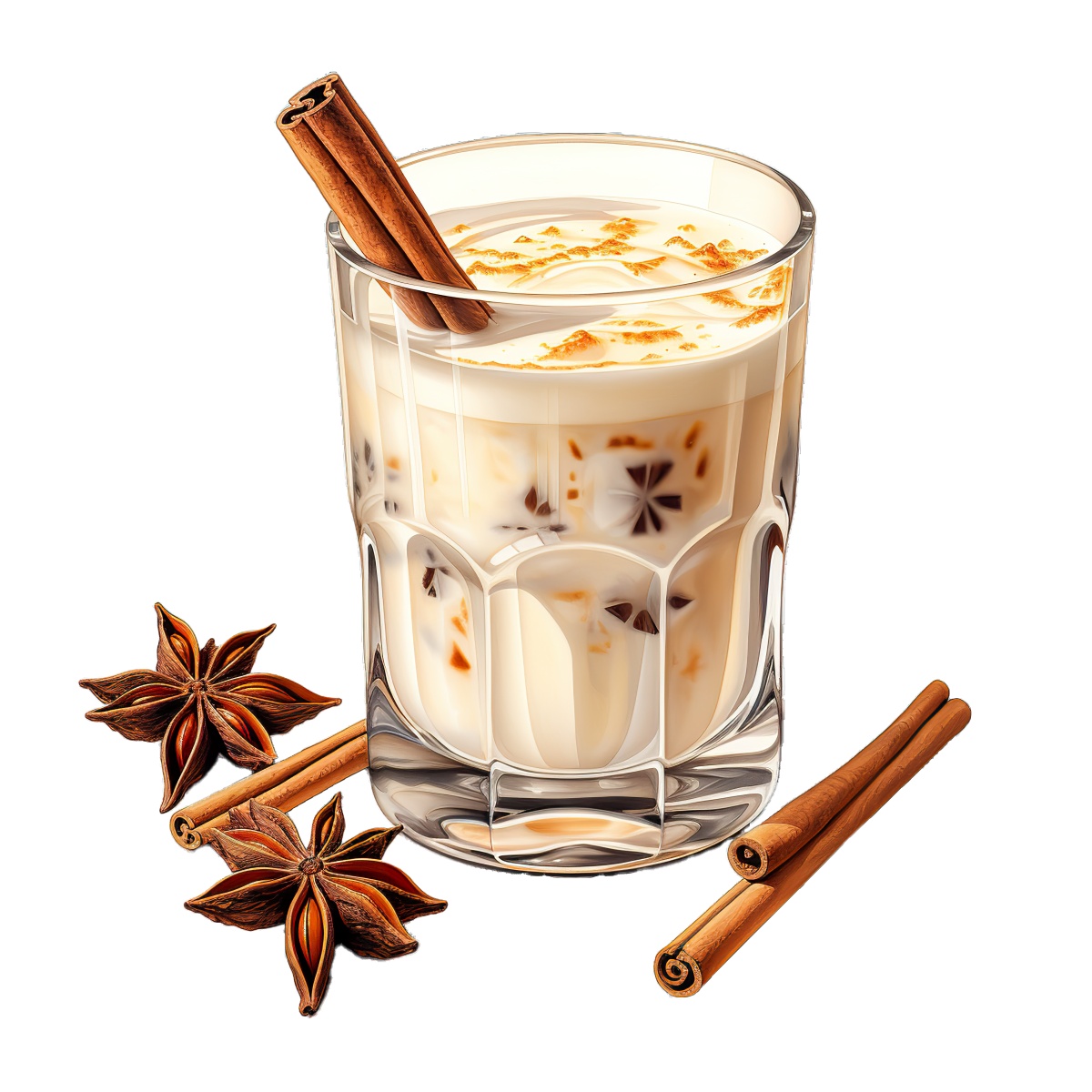 Glass of creamy spiced eggnog with cinnamon sticks and star anise garnish.