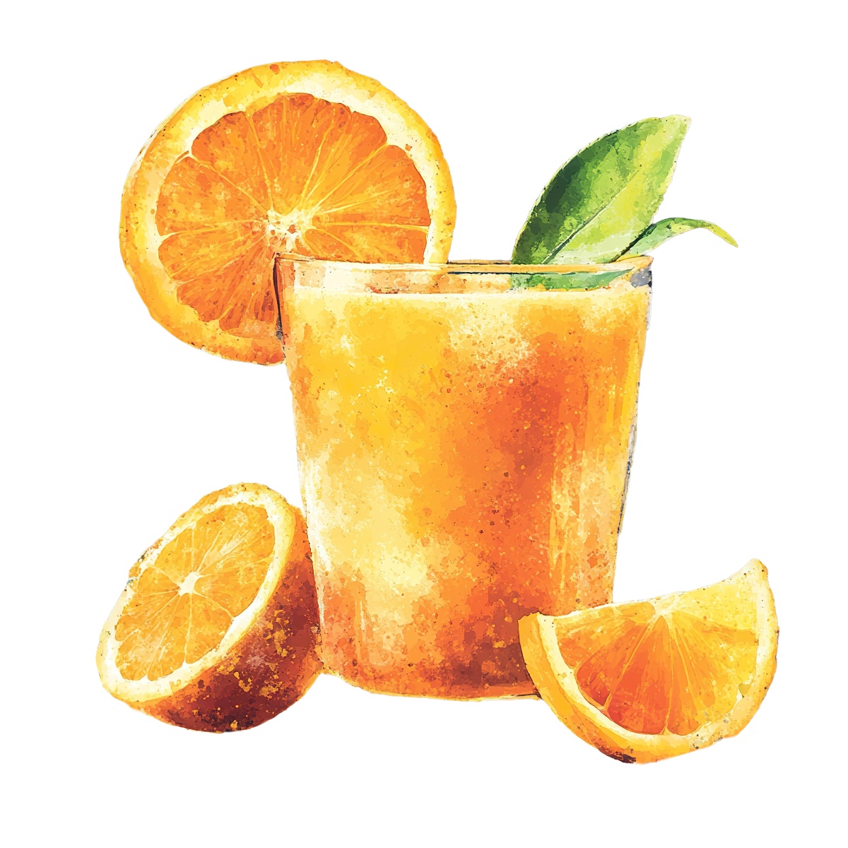 Glass of orange juice with orange slices and a green leaf.