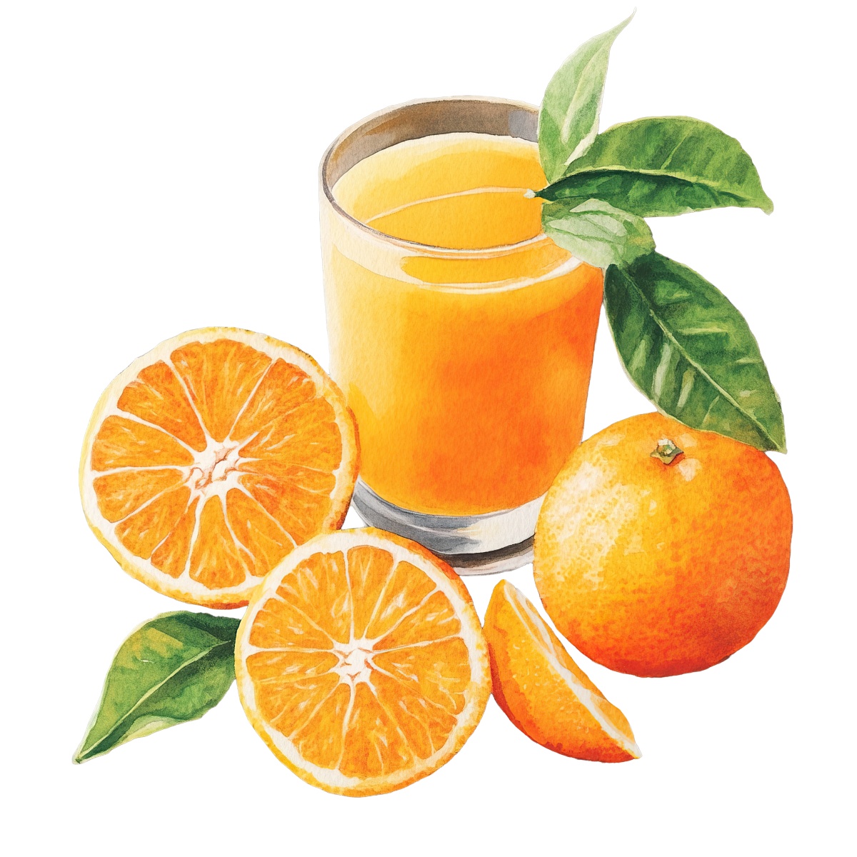 Glass of orange juice with fresh oranges and green leaves around it.