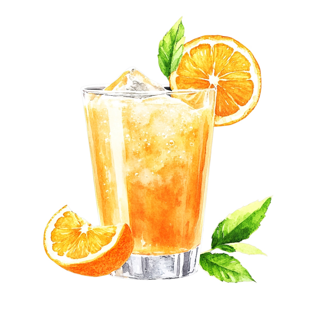 Glass of orange juice with ice and orange slices on the side.