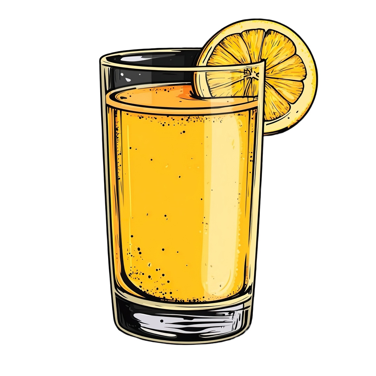 Glass of orange juice with a lemon slice on the rim.