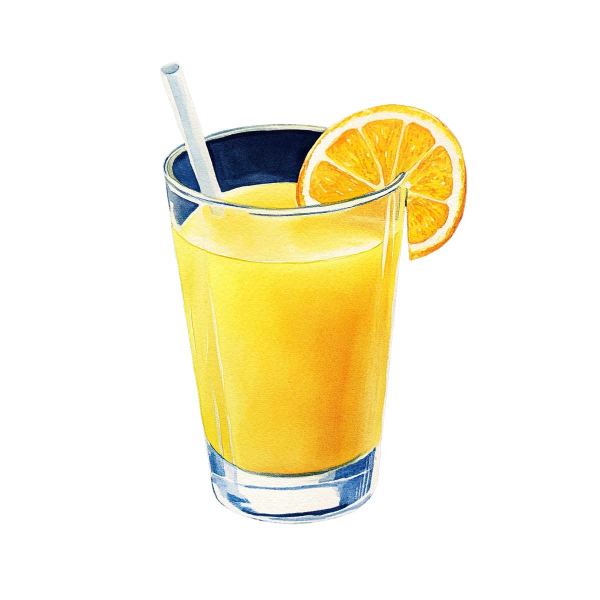 Glass of orange juice with a slice and straw on the rim.