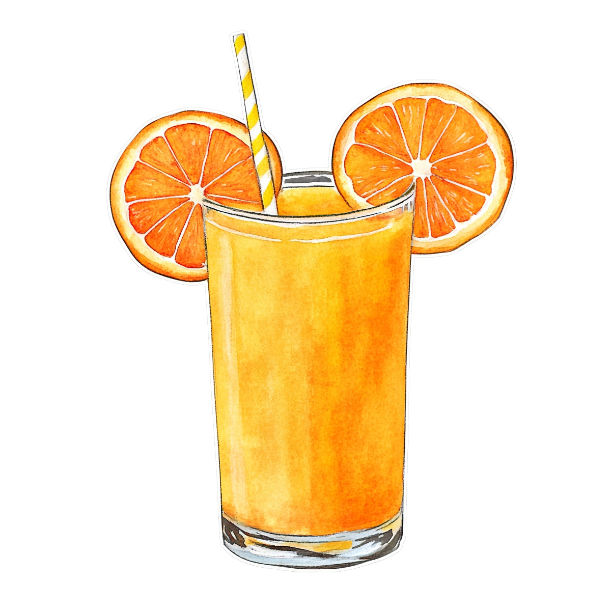 Glass of orange juice with orange slices and a straw.