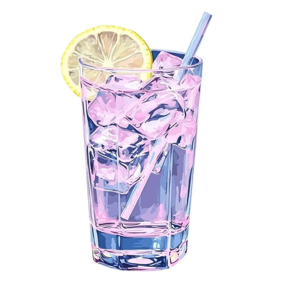 Glass of pink lemonade with ice cubes and a lemon slice.