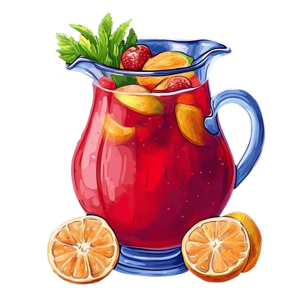 Glass pitcher filled with red fruit punch and sliced fruits.