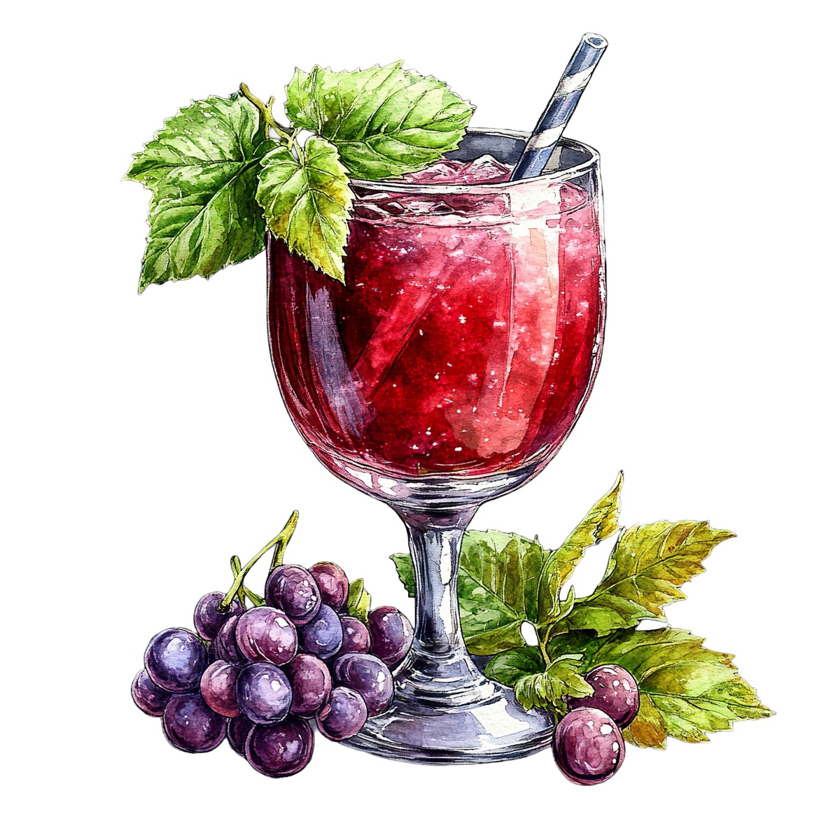 Glass of red grape juice with straw and fresh grapes around it.