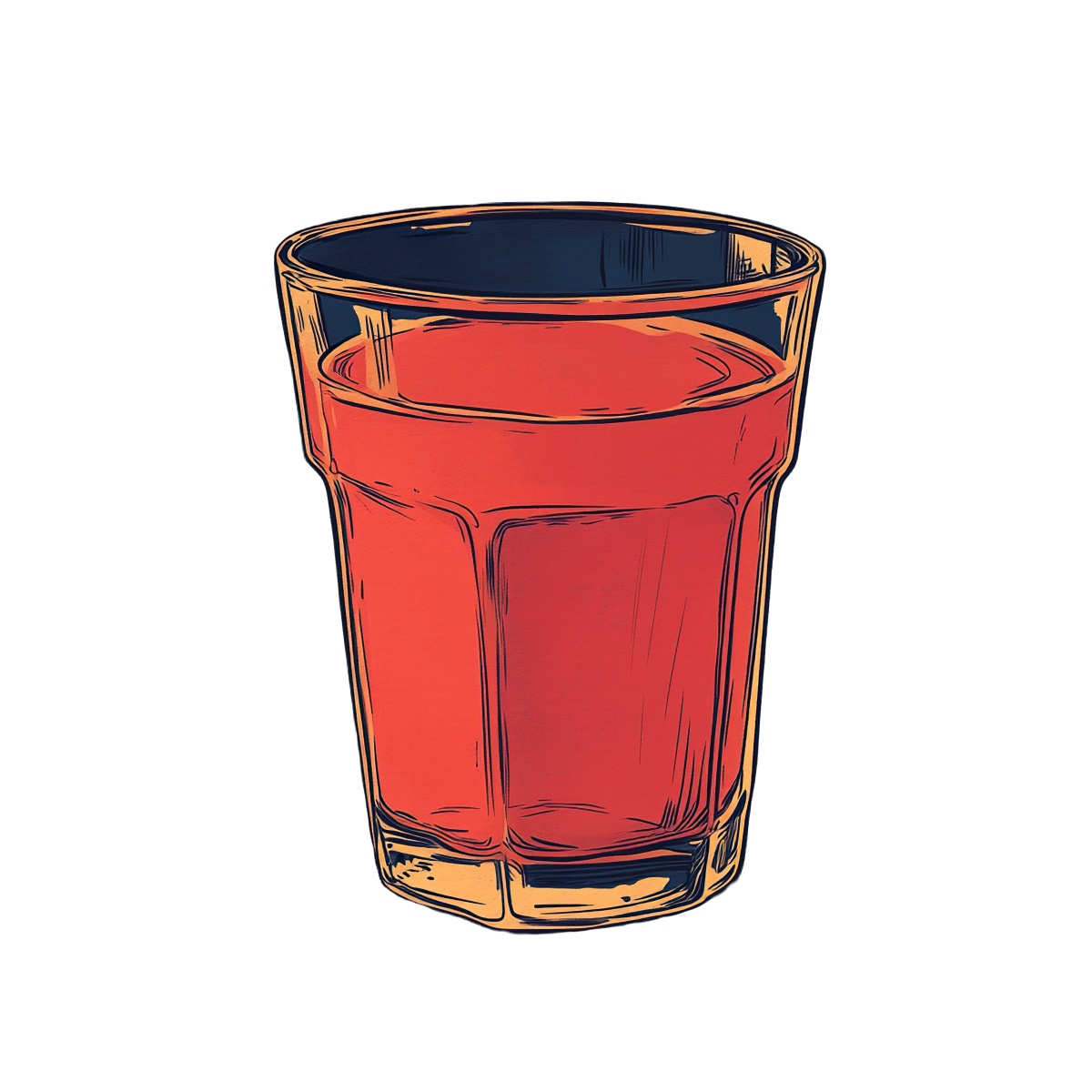 Glass filled with red juice depicted in detailed line art style.