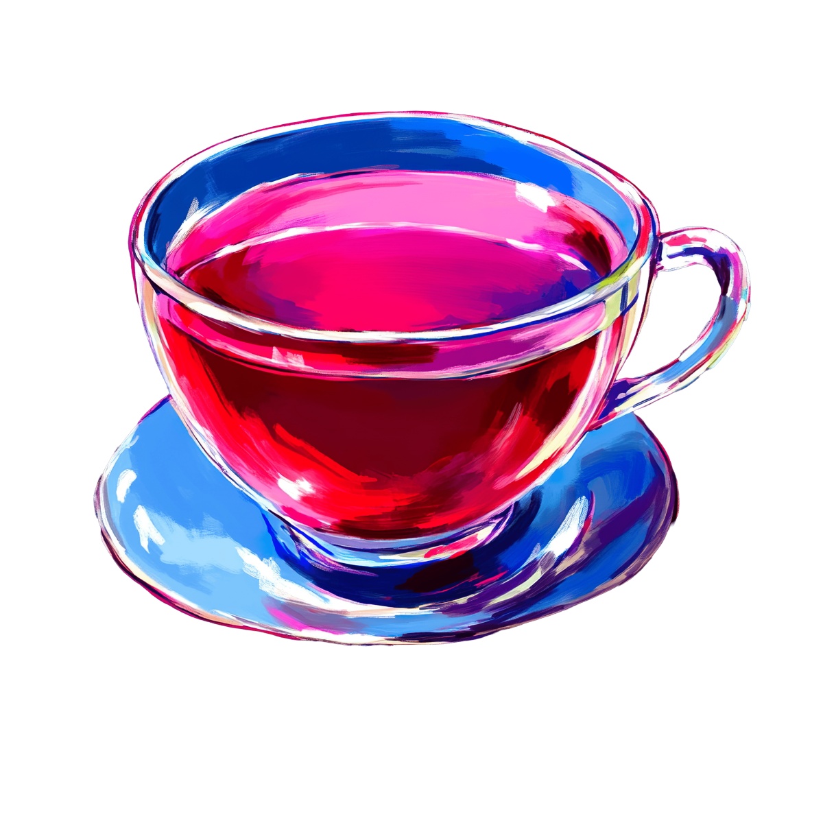 Glass teacup with red tea on a saucer, vibrant colors.