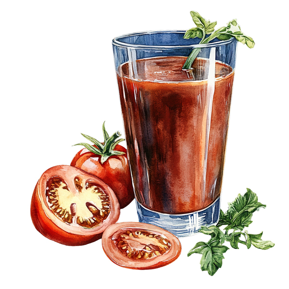 Glass of tomato juice with fresh tomatoes and green herbs beside it.