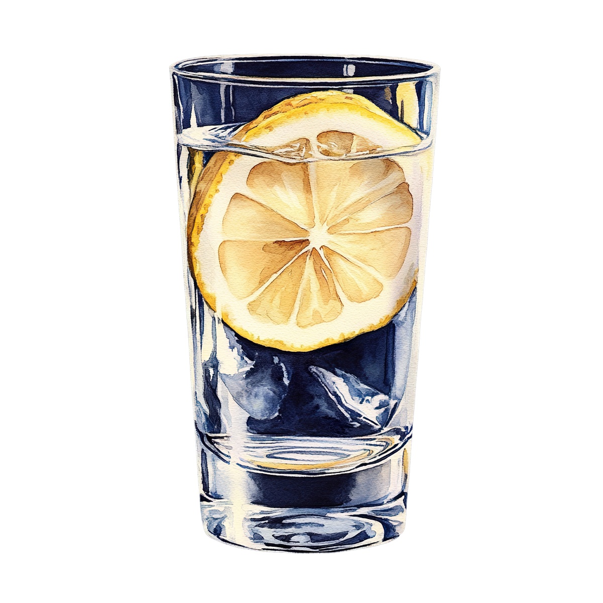Glass of water with a lemon slice and ice cubes inside.