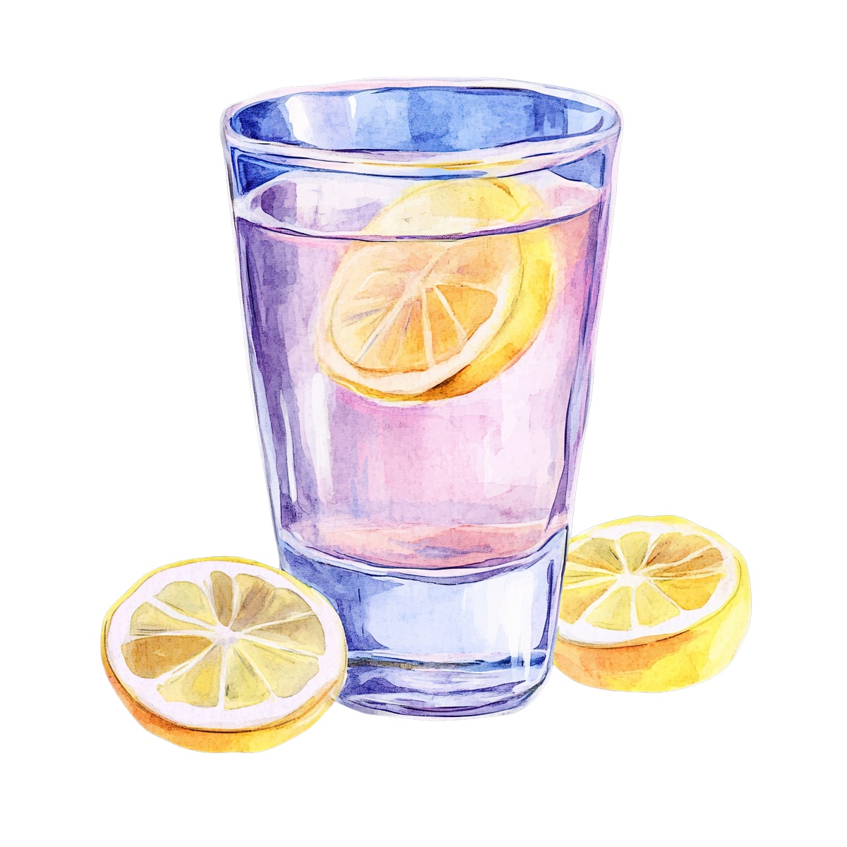 Watercolor style glass of water with lemon slices.