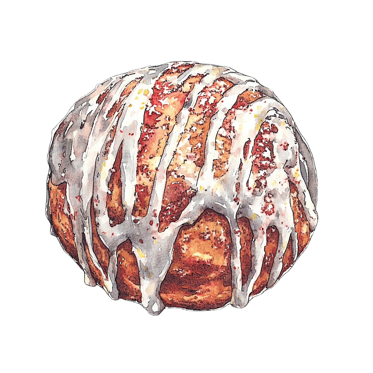 Cinnamon roll with white icing drizzle on top, showcasing a baked pastry.