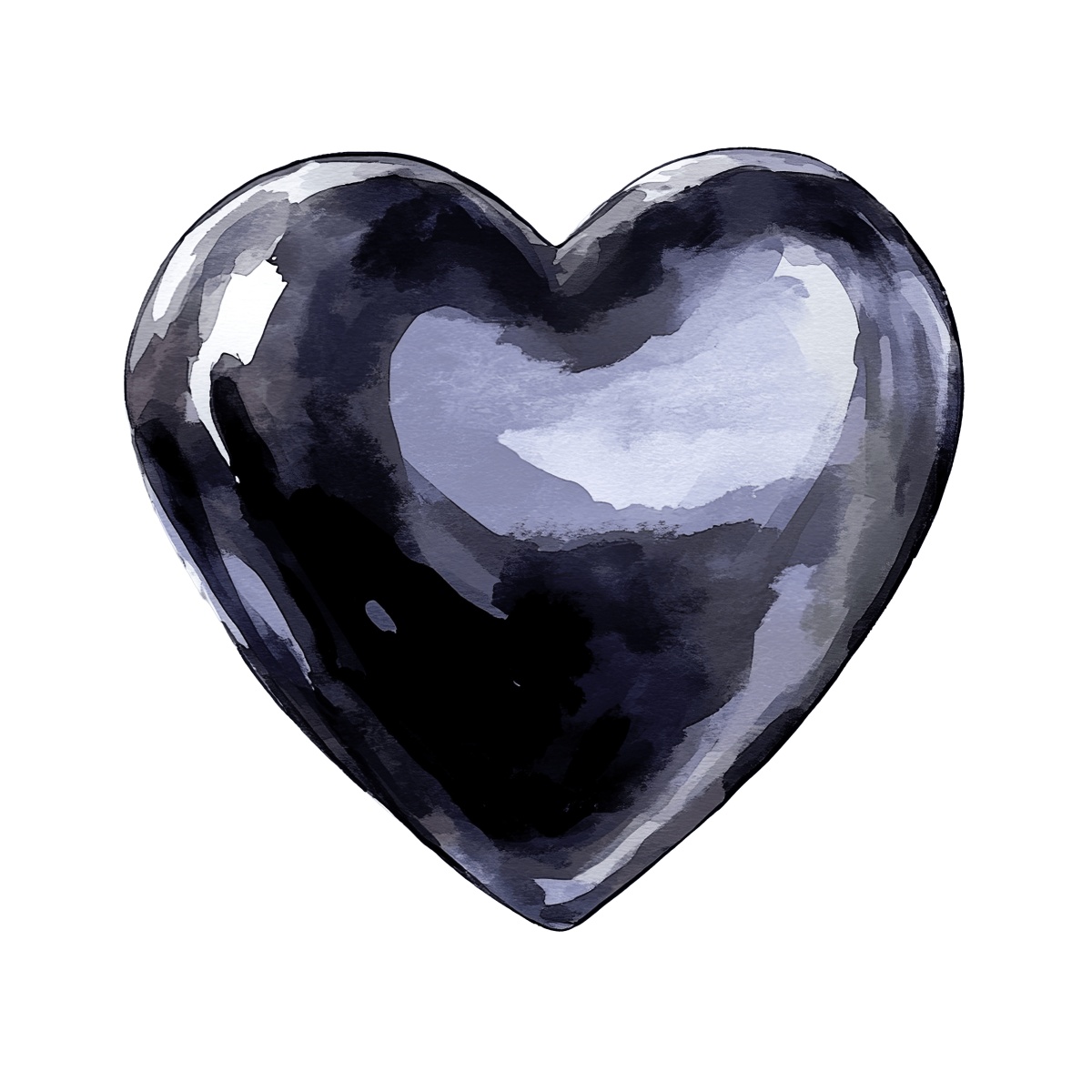 Glossy black heart illustration featuring a watercolor texture effect in vector style.