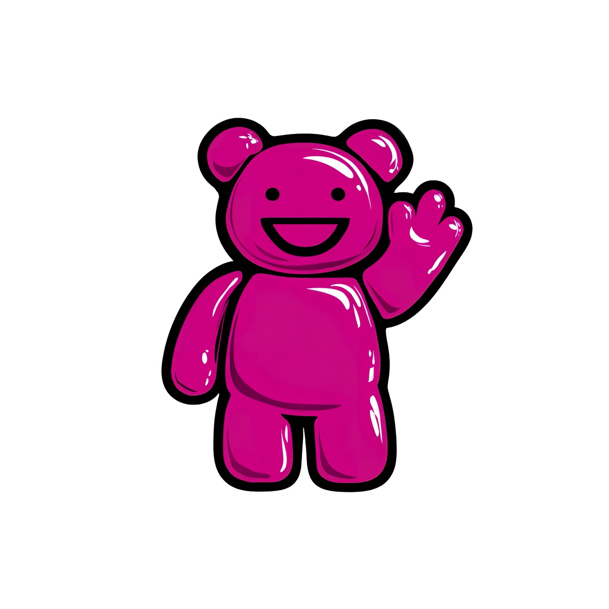 Pink, glossy teddy bear waving with a happy smile on its face.