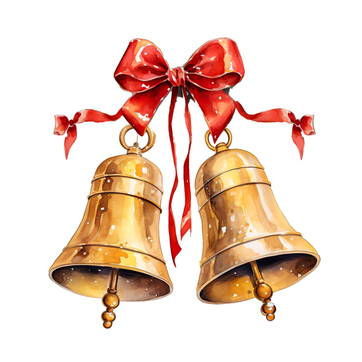 Gold Christmas bells tied with a red ribbon against black background.