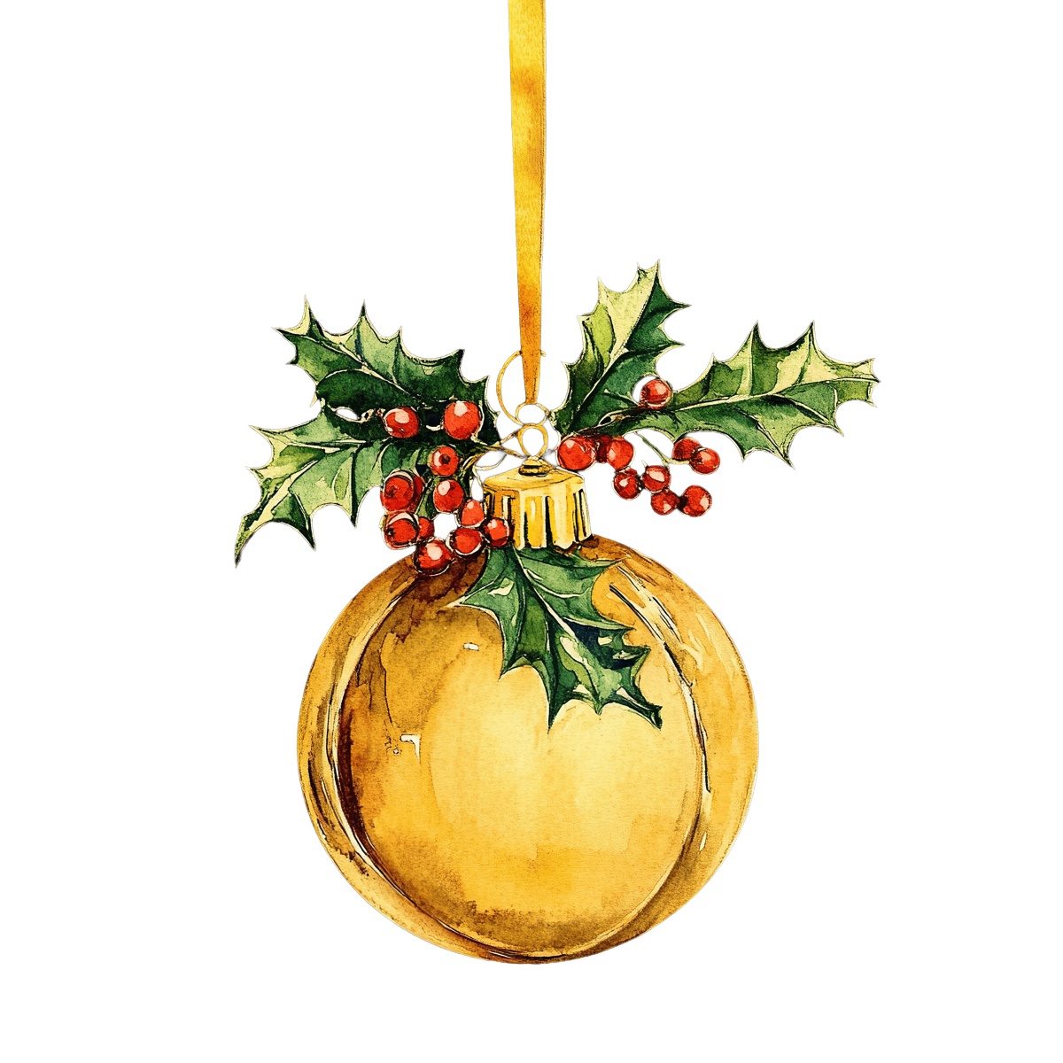 Gold Christmas ornament with holly and red berries on a black setting.