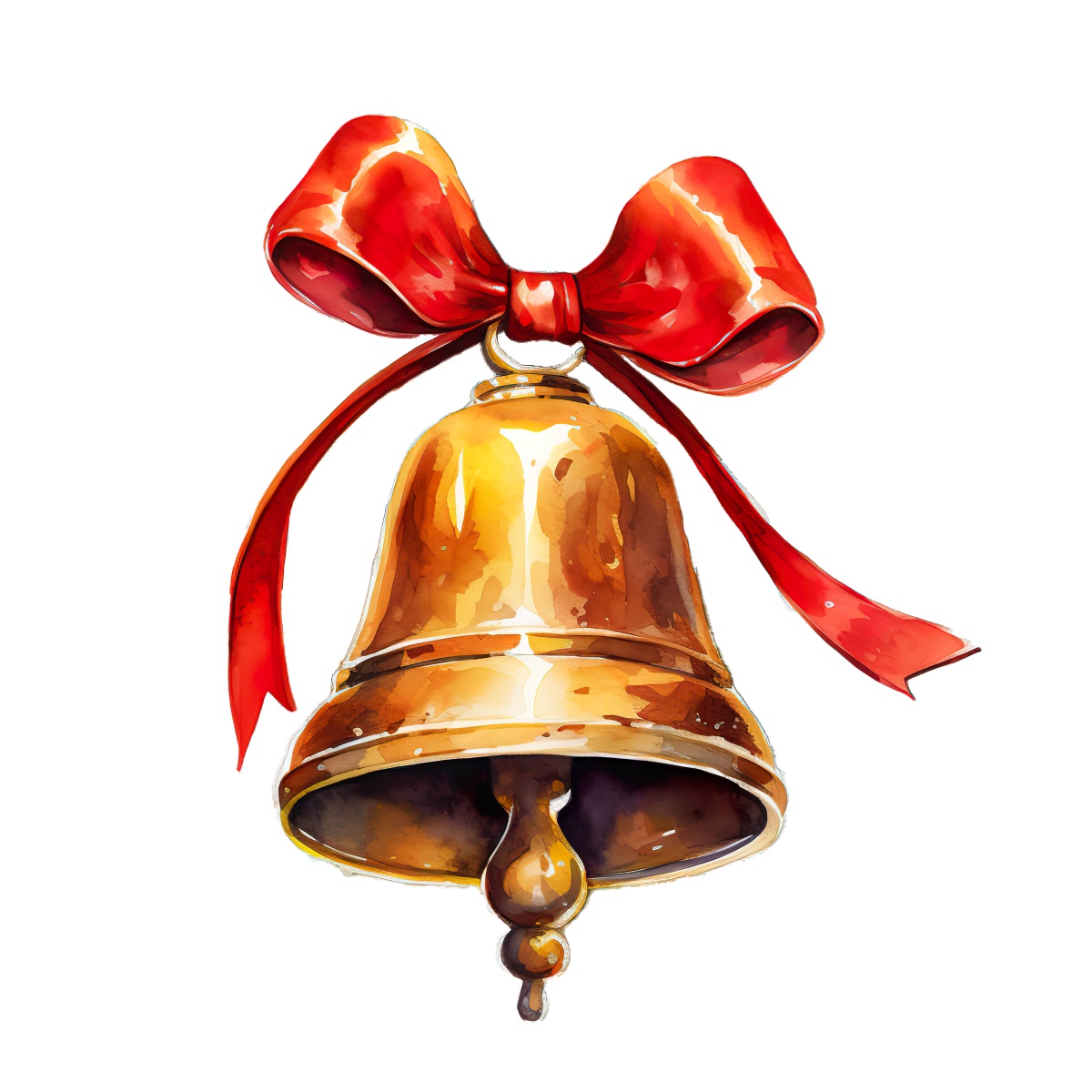 Golden bell with a red ribbon, often used in holiday decorations.