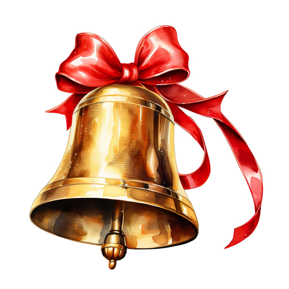 Golden bell with a red ribbon, ideal for holiday decorations and celebrations.