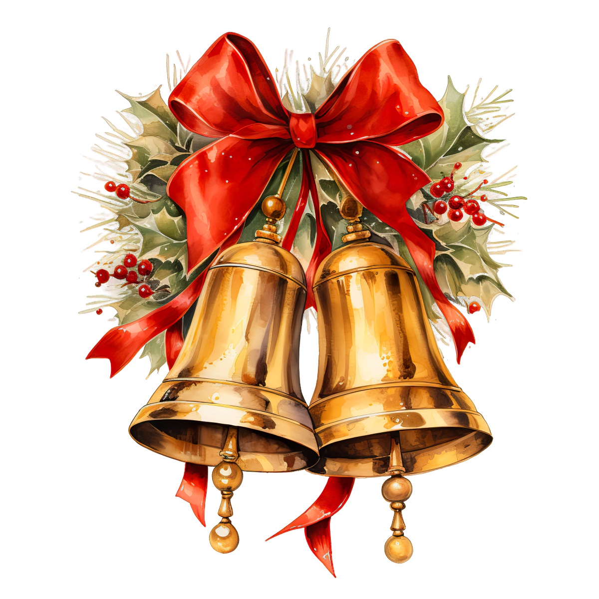 Golden bells with red bow and holly, representing Christmas decoration.