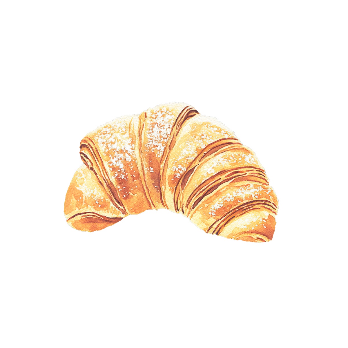 Croissant with golden brown crust and powdered sugar topping.