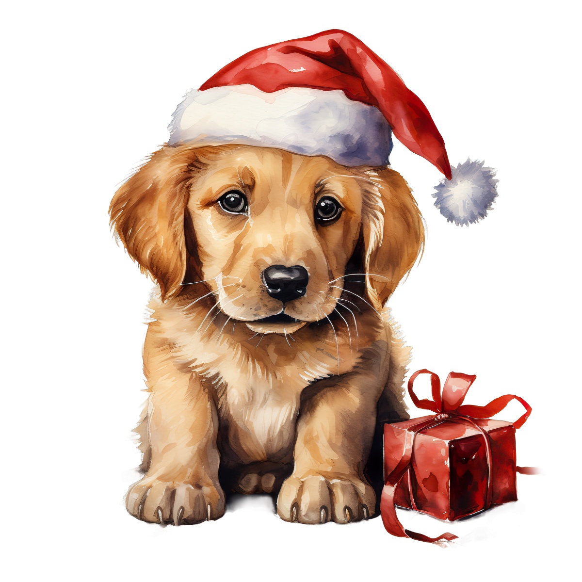 Golden retriever puppy wearing a Santa hat next to a red gift box.
