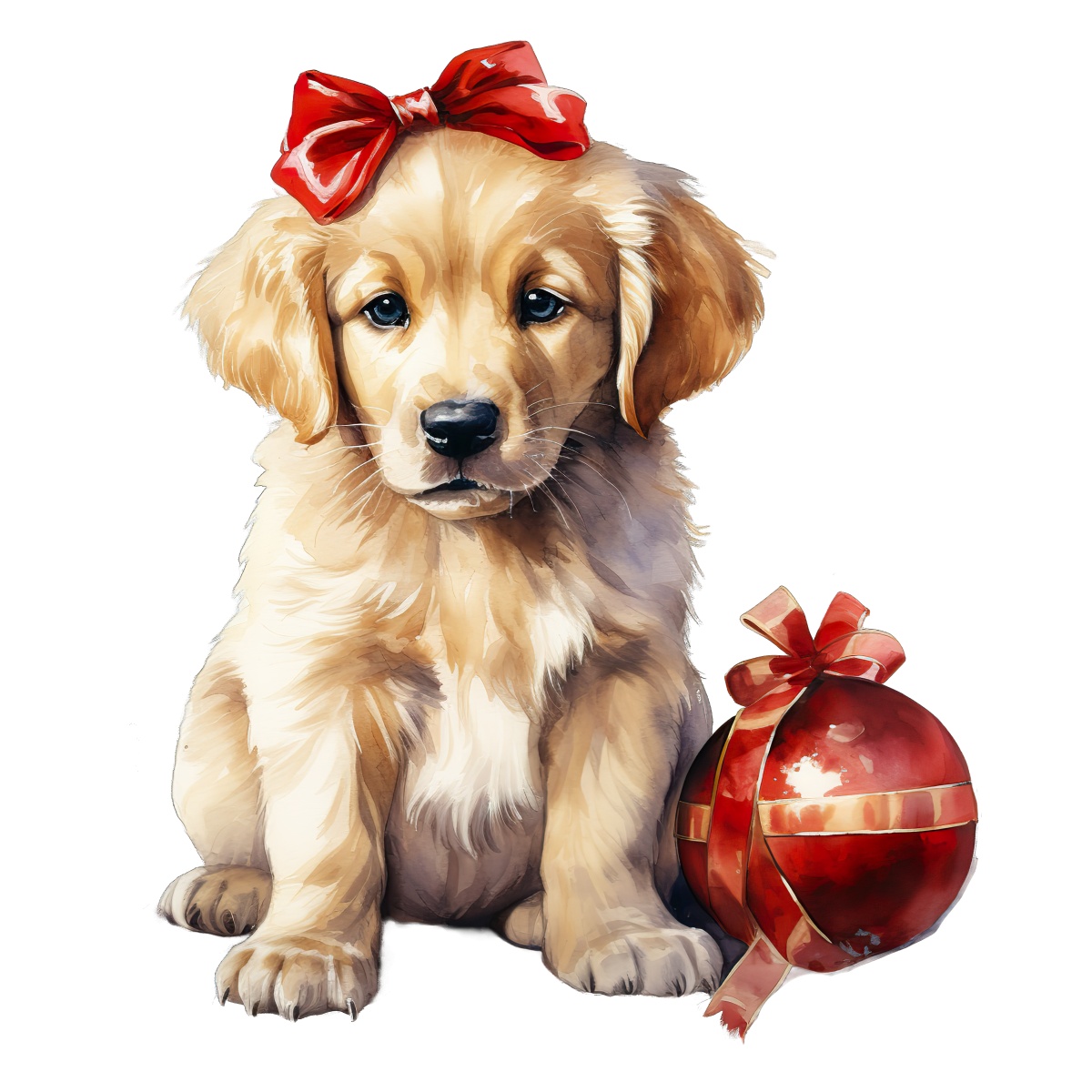 Golden retriever puppy with a red bow and holiday ornament beside it.