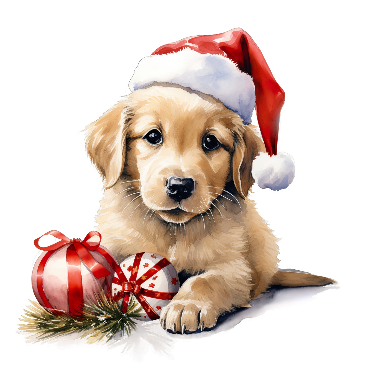 Golden retriever puppy in Santa hat with Christmas ornaments beside.