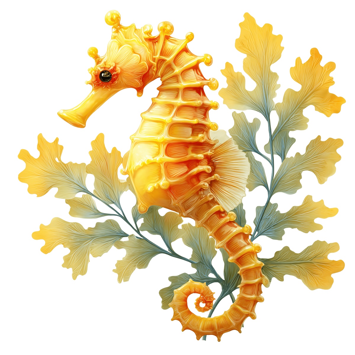 Golden seahorse swimming amidst seaweed