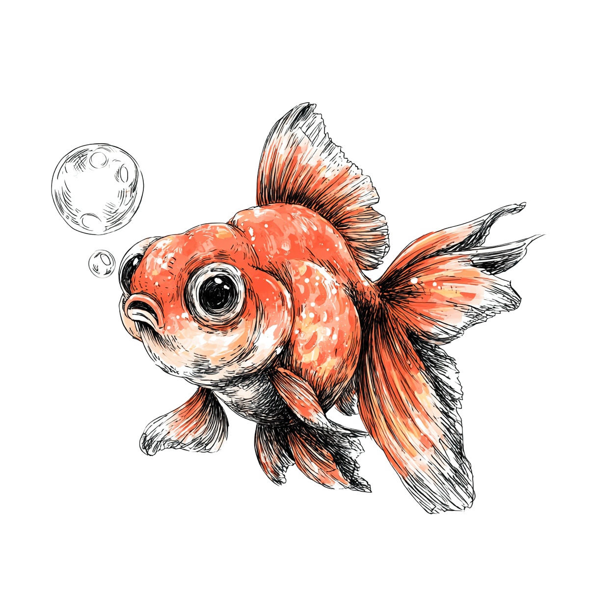 Goldfish clipart with large eyes and bubbles, detailed fins.