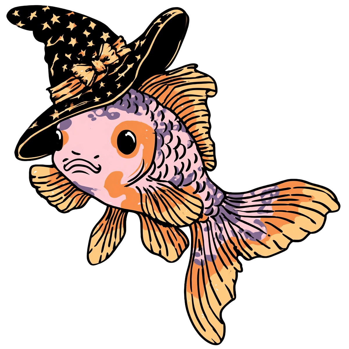 Goldfish with orange scales and a starry wizard hat.