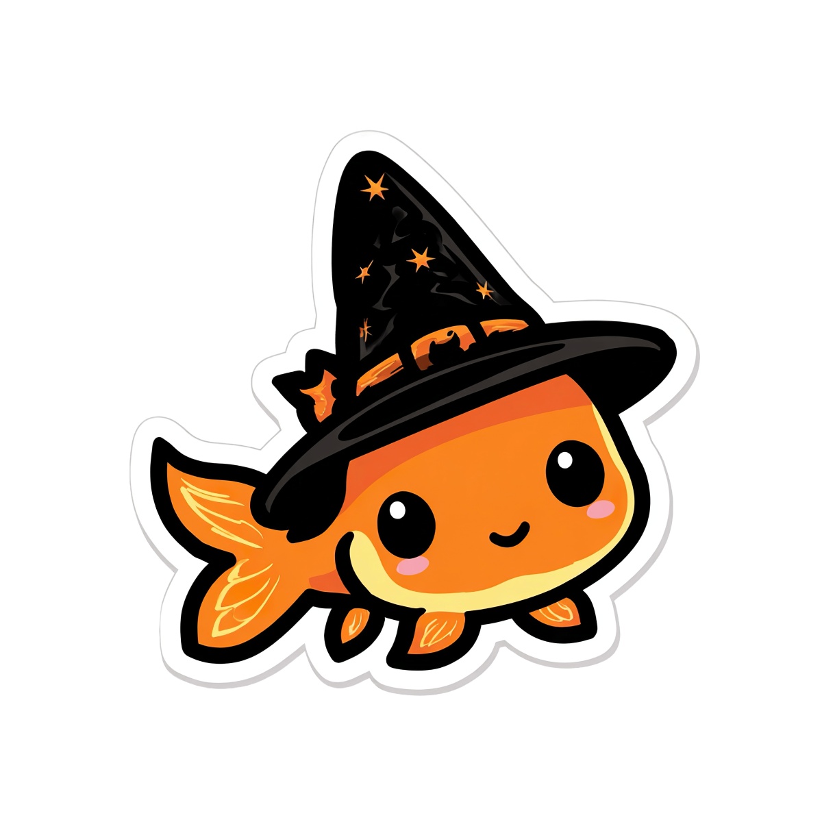Goldfish wearing a black witch hat with stars and a bat band.