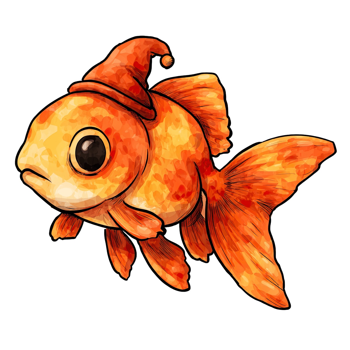 Illustration of a goldfish wearing an orange hat with large eyes.