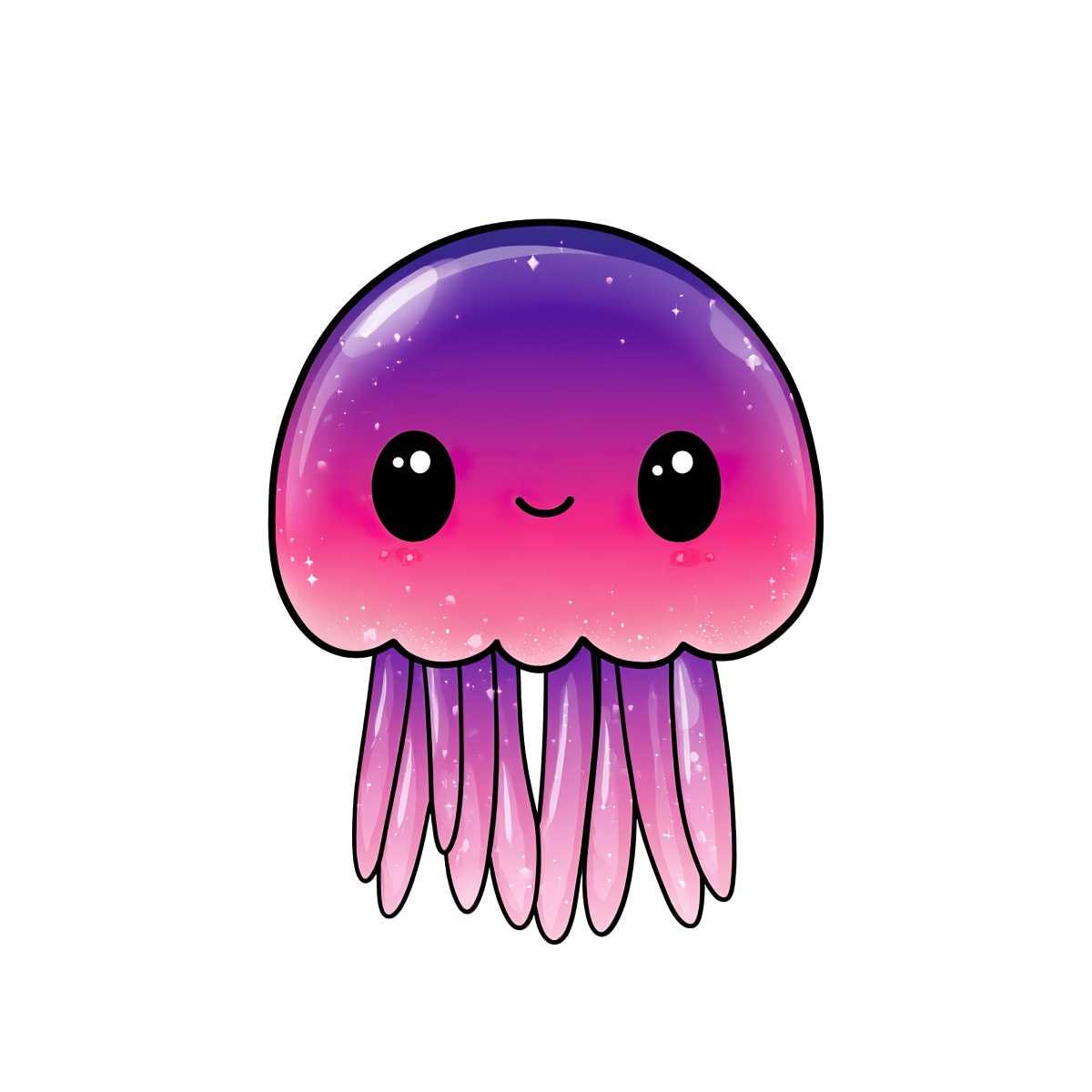 Cartoon jellyfish in purple and pink gradient with tentacles.