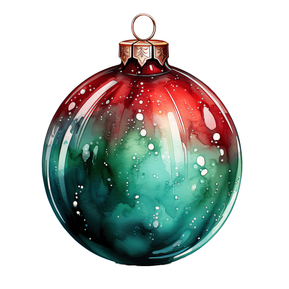 Red and green gradient Christmas ornament with metallic top, detailed clipart design.