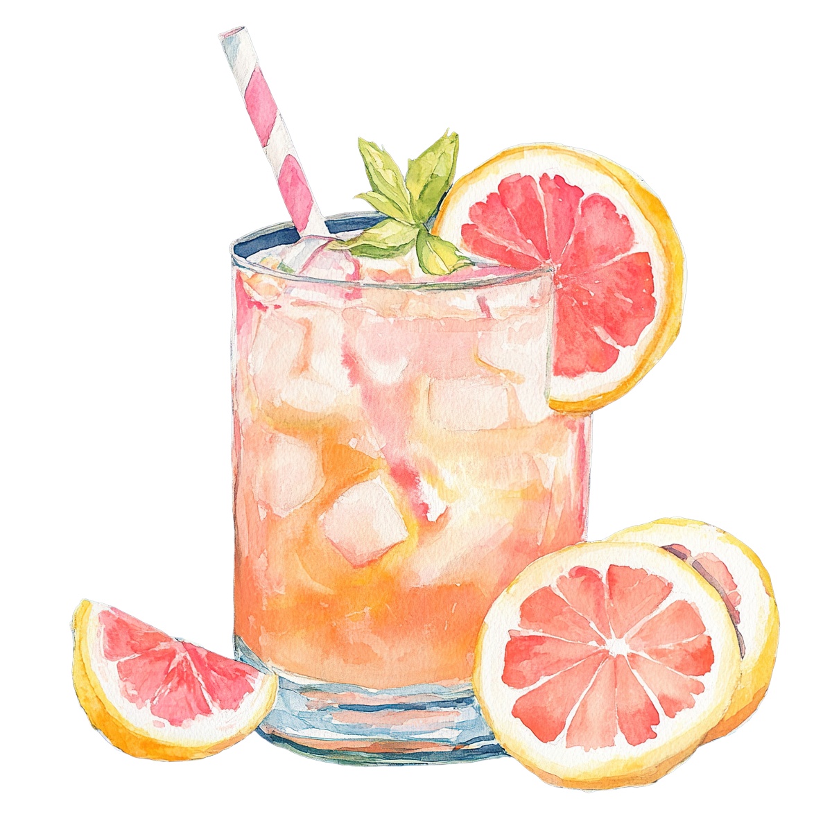 Grapefruit cocktail in a glass with ice and a straw.