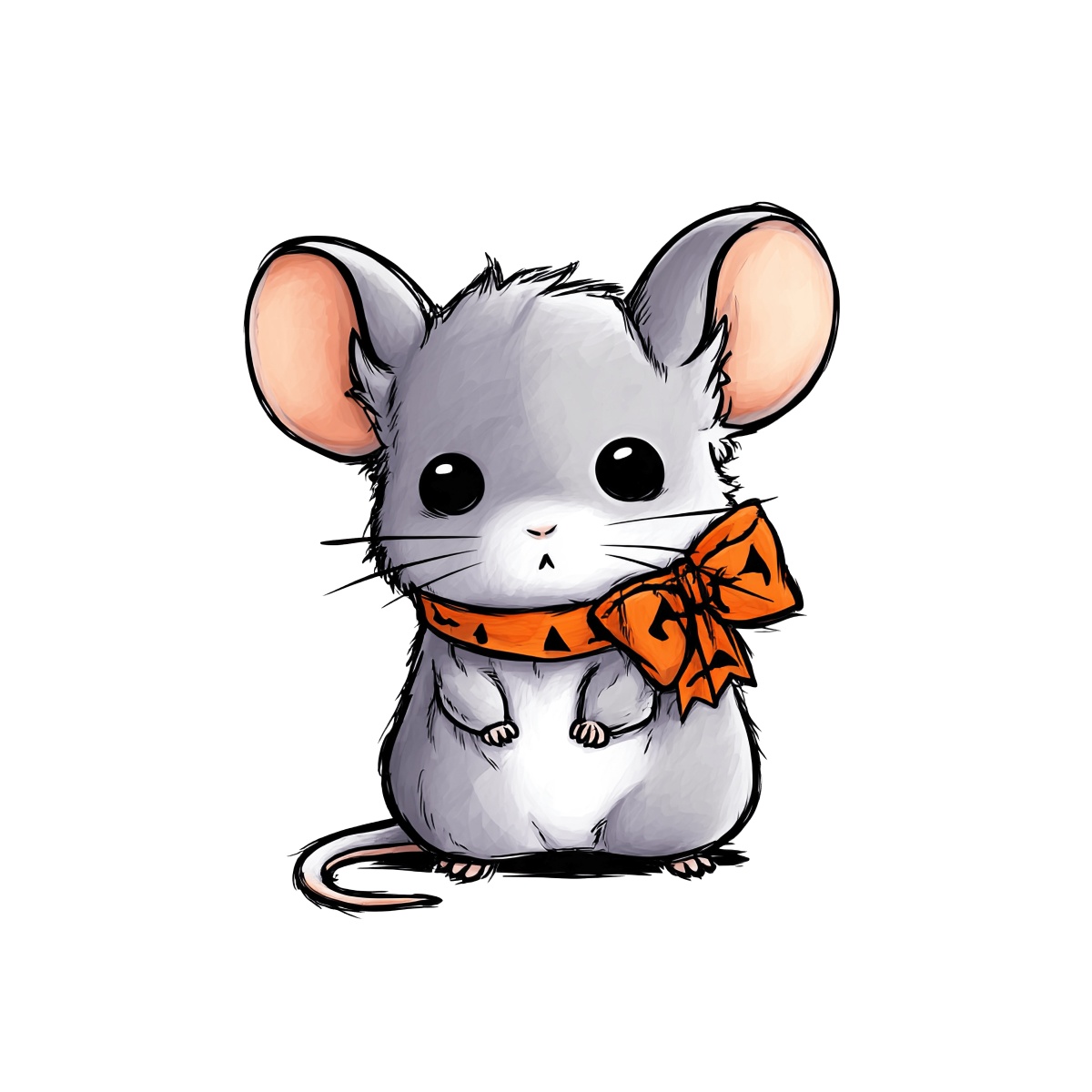 Gray mouse with orange bow, Halloween theme, black background.