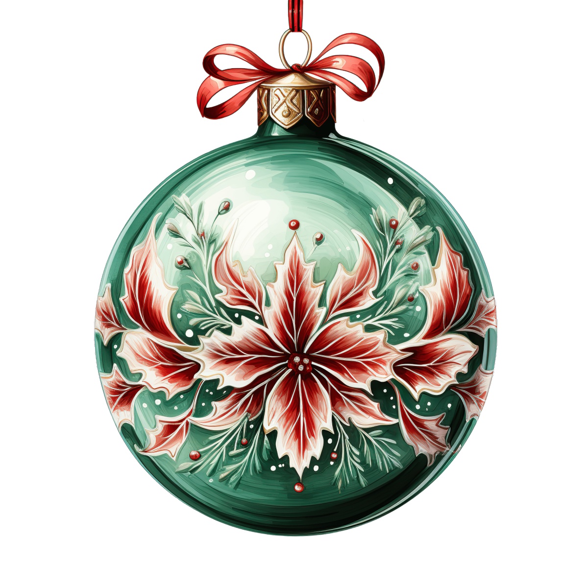 Green Christmas ornament with red floral design and decorative bow.