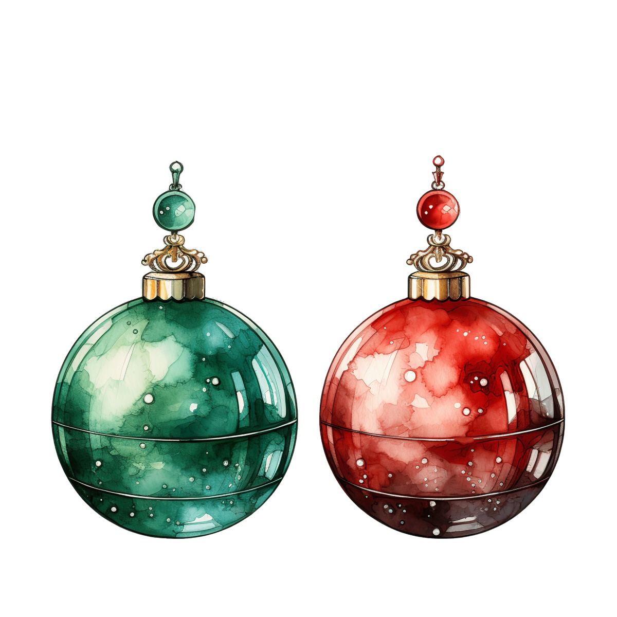 Green and red Christmas ornaments with watercolor patterns and shiny surfaces.