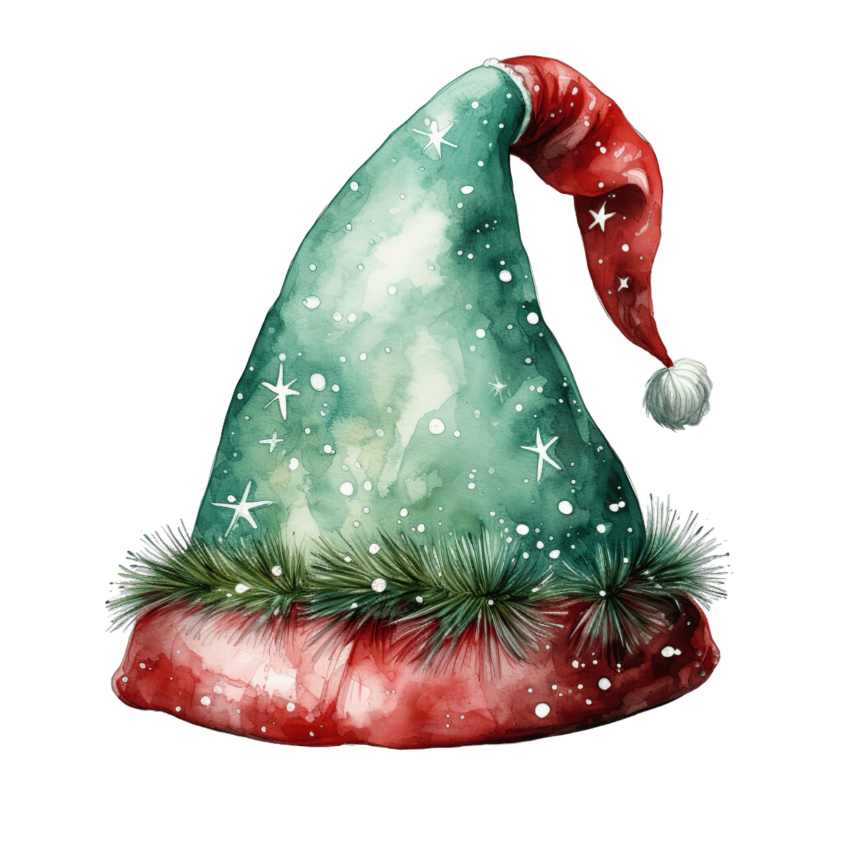 Green and red Santa hat with white snowflakes and fluffy pom-pom.