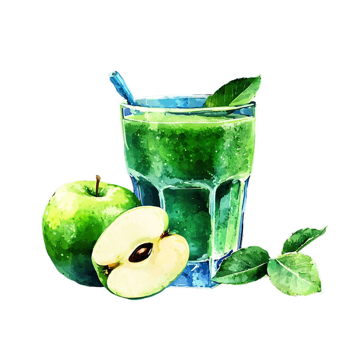 Green apple juice in a glass with fresh apple and leaves.