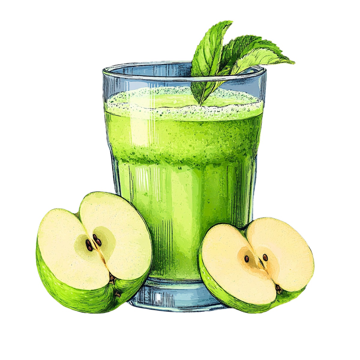 Green apple juice in a glass with apple slices and mint leaves.