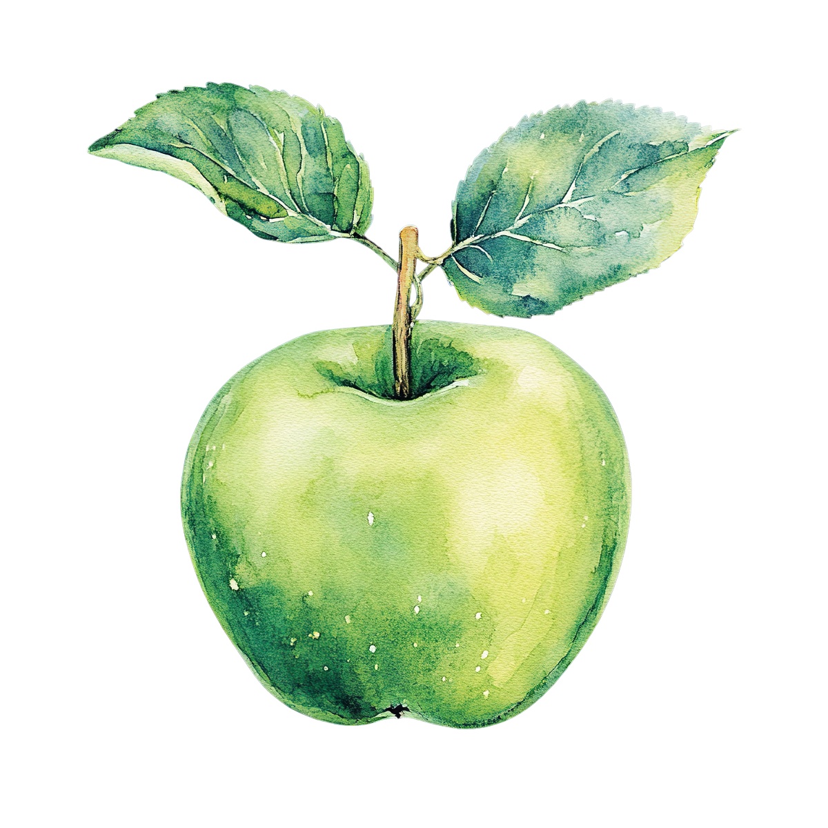 Green apple with two leaves in watercolor style.