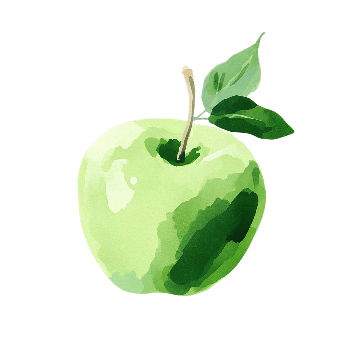 Green apple with leaves and stem in watercolor style.