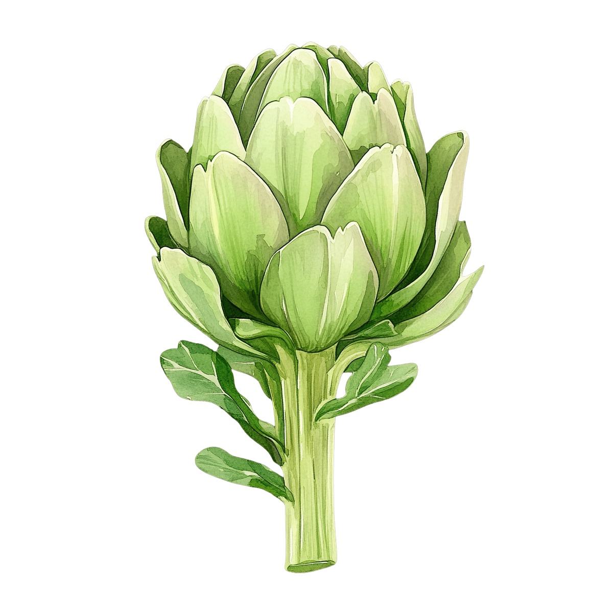 Green artichoke vegetable with detailed leaves and stem.