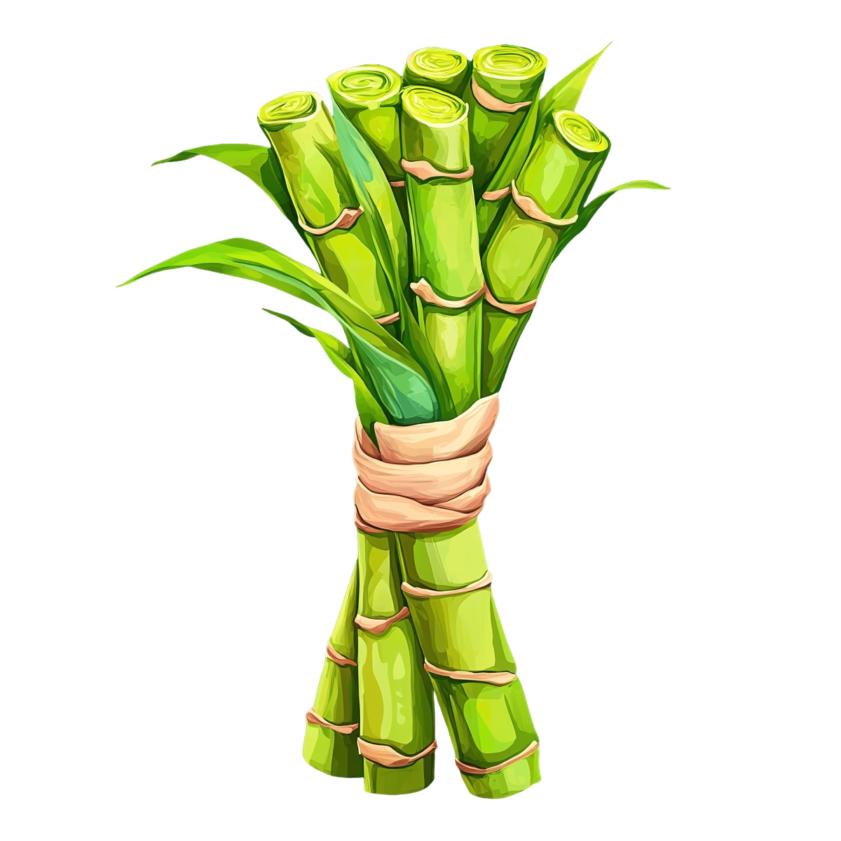 Bamboo stalks tied together with green leaves and a natural look.