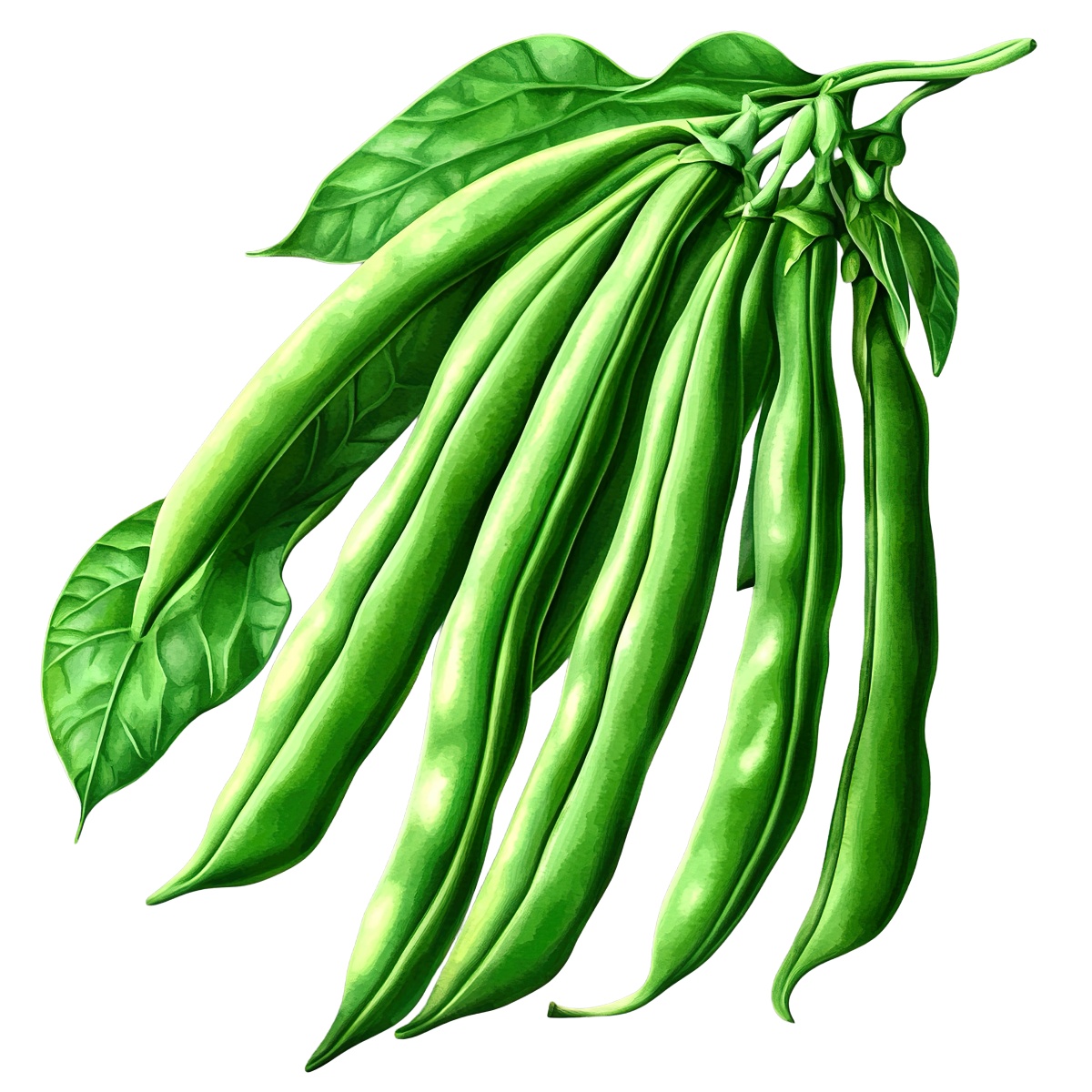 Green beans with leaves shown in a detailed clipart style.