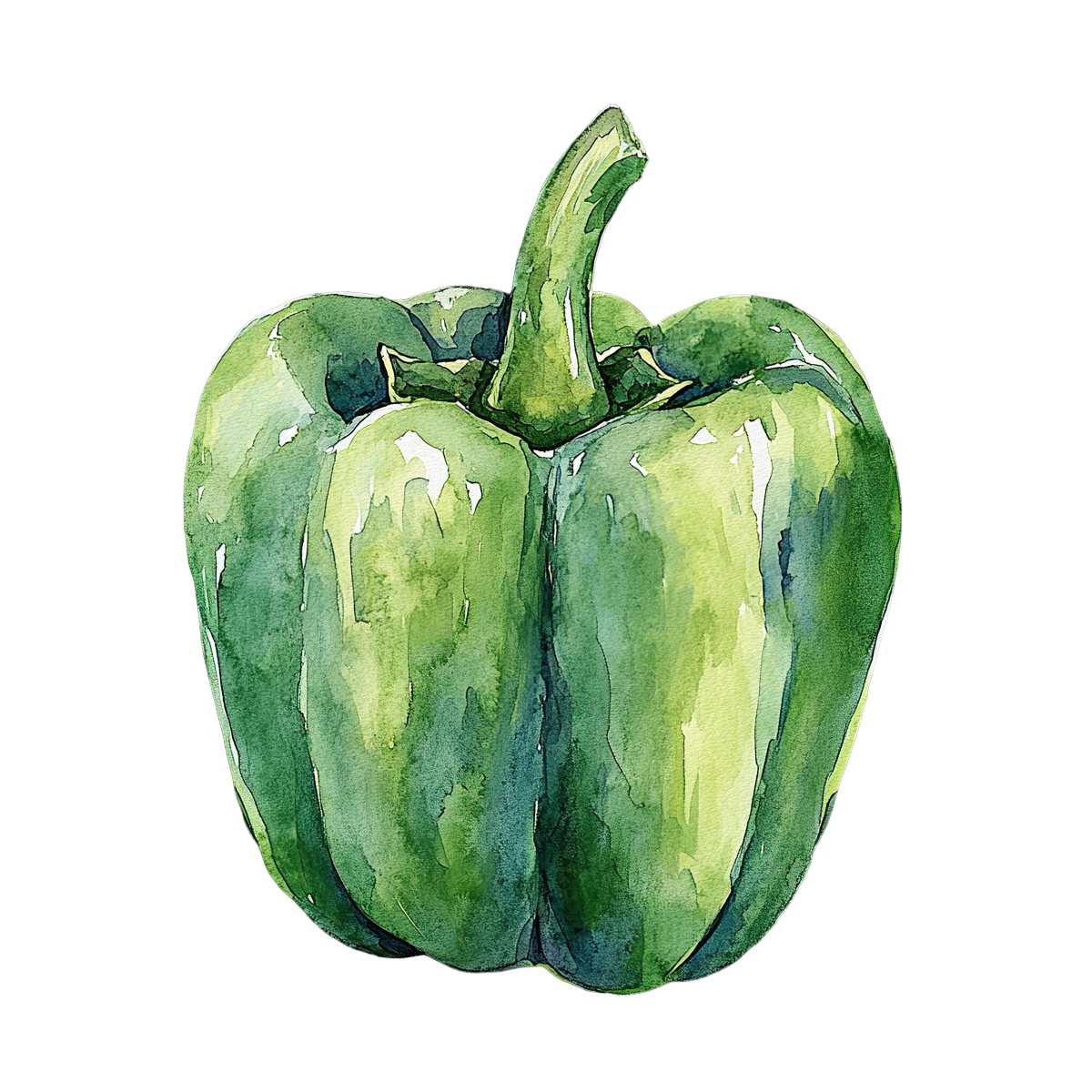 Green bell pepper illustrated in watercolor style with detailed texture.