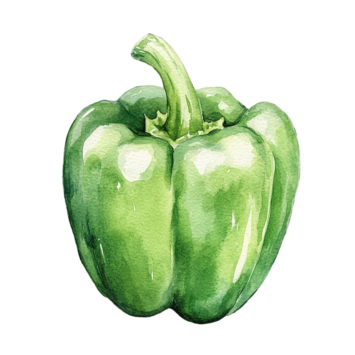 Green bell pepper illustrated in a watercolor style.